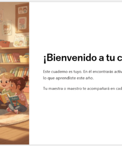 Una maestra lee un libro a cuatro niños pequeños sentados en círculo sobre una alfombra en un aula acogedora con libros y dibujos en las paredes. A la derecha, texto de bienvenida en español al cuaderno escolar.