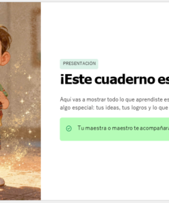 Ilustración de un joven sonriente con pelo castaño, mochila y ropa de colores, de pie bajo la luz del sol. Junto a él hay un recuadro verde con texto en español que da la bienvenida al alumno a su cuaderno de actividades.