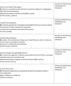 Un cuadro que describe seis sesiones de actividad física, cada una con secciones para objetivos, detalles de la sesión y notas. Las sesiones incluyen el análisis, la activación y la elaboración de hábitos de actividad utilizando diversos recursos y estrategias didácticas.