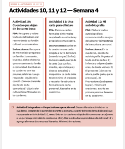 Captura de pantalla de un documento educativo en español con tres recuadros de actividades para la semana 4 (actividades 10-12) centradas en la narración oral, la escritura de cartas y la autobiografía, más un recuadro resaltado con una actividad adicional de expresión oral.