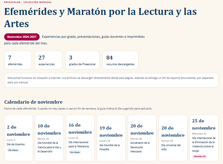 Efemérides Noviembre y Maratón por la Lectura y las Artes 2026-2027 | Preescolar: 27 experiencias y recursos editables 2 Efemérides Noviembre y Maratón por la Lectura y las Artes 2026-2027 | Preescolar: 27 experiencias y recursos editables - Imagen 2