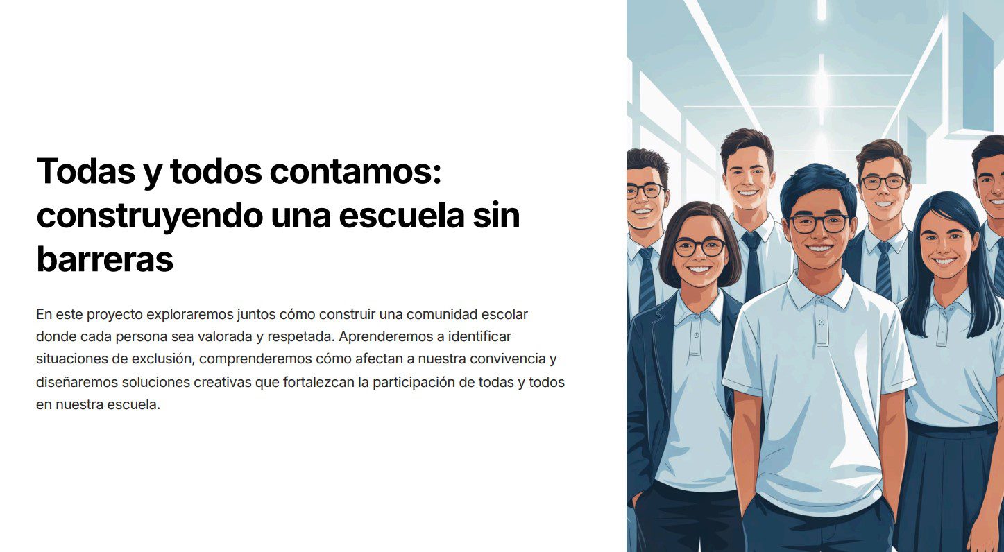 Integración Curricular 1: Programa Analítico, Planeaciones y Recursos Didácticos 5 Un grupo diverso de alumnos sonrientes con uniformes escolares permanecen juntos en un luminoso pasillo. Junto a ellos, un texto en español promueve la creación de un entorno escolar inclusivo y sin barreras para todos.