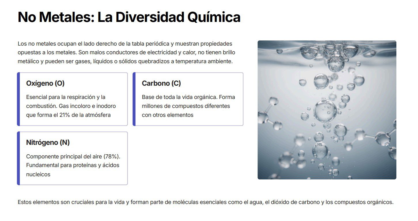 Química 3: Programa Analítico, Planeaciones y Recursos Didácticos 5 Primer plano de burbujas de aire ascendentes en el agua, junto a cuadros de texto que describen la diversidad química de los no metales -oxígeno, nitrógeno y carbono- y sus funciones esenciales en los procesos vitales.
