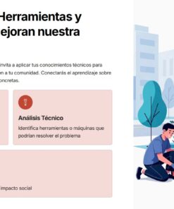 Un grupo de personas colaborando para pintar una pared y reparar una ventana, ilustrando el trabajo en equipo. Junto a la imagen, un texto en español explica un proyecto de mejora de la comunidad utilizando la investigación, el análisis técnico y las propuestas de solución.