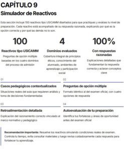 Un gráfico informativo en español describe un simulador con 100 reactivos tipo USICAMM, cuatro dominios evaluados y un 100% de respuestas explicadas. Destaca casos contextualizados, retroalimentación detallada y autoevaluación previa.