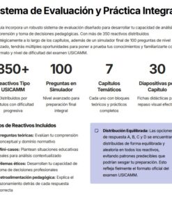 Resumen visual de un sistema de evaluación que incluye 350+ reactivos tipo USICAMM, 100 preguntas en simulador, 7 capítulos temáticos y 30 diapositivas por capítulo; se detallan tipos de reactivos y distribución equilibrada.