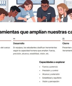 Tecnología 3: Programa Analítico, Planeaciones y Recursos Didácticos 11 Seis personas trabajan en equipo alrededor de una mesa con herramientas y hojas, en un entorno de aula. Encima hay texto sobre una actividad titulada