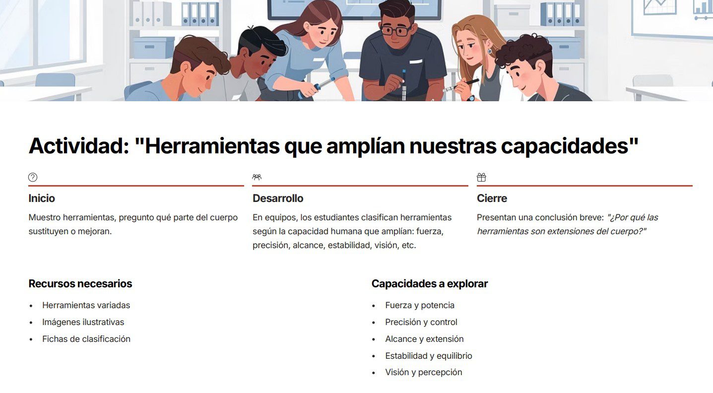 Tecnología 3: Programa Analítico, Planeaciones y Recursos Didácticos 5 Seis personas trabajan en equipo alrededor de una mesa con herramientas y hojas, en un entorno de aula. Encima hay texto sobre una actividad titulada "Herramientas que amplían nuestras capacidades".