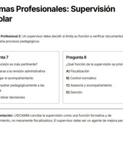Captura de pantalla de un documento sobre los dilemas de la supervisión escolar, que incluye dos preguntas con respuestas de opción múltiple sobre las prioridades y funciones de la supervisión, y una nota sobre la supervisión formativa frente a la supervisión normativa.