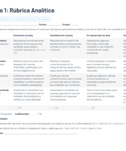 Tabla de rúbricas para evaluar la representación algebraica del área y el volumen por parte de los alumnos, con criterios, niveles de rendimiento (Excelente, Satisfactorio, En desarrollo, No alcanzado) y una sección de puntuación. Incluye un ejercicio y espacio para observaciones.