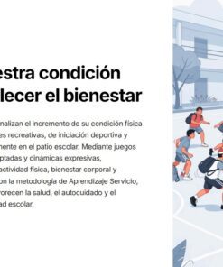 Illustración de estudiantes jugando diferentes deportes, como fútbol y baloncesto, en una cancha escolar al aire libre, acompañada de un texto sobre el análisis de la condición física y el bienestar en la escuela.