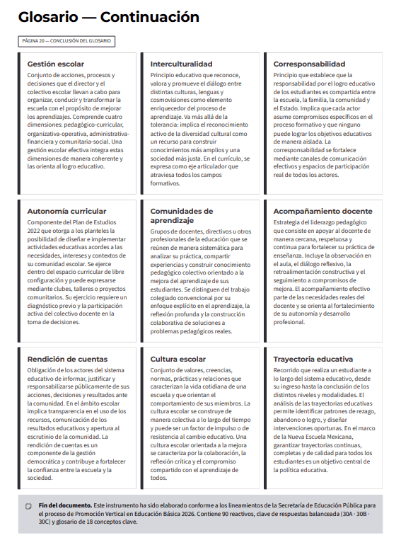 Examen de Promoción Vertical en Educación Básica 2026 | USICAMM | 90 Reactivos 5 Una página de glosario educativo con nueve términos y definiciones en español, dispuestos en una cuadrícula de 3x3, que abarcan temas como la gestión escolar, la interculturalidad, la autonomía, el apoyo al profesorado y la trayectoria educativa.