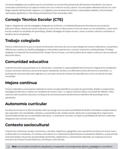 Captura de pantalla de un glosario educativo en español en el que se definen conceptos clave: enfoque constructivista, consejo técnico escolar, trabajo colaborativo, comunidad educativa, formación continua y contexto sociocultural. Texto en negro sobre fondo blanco.