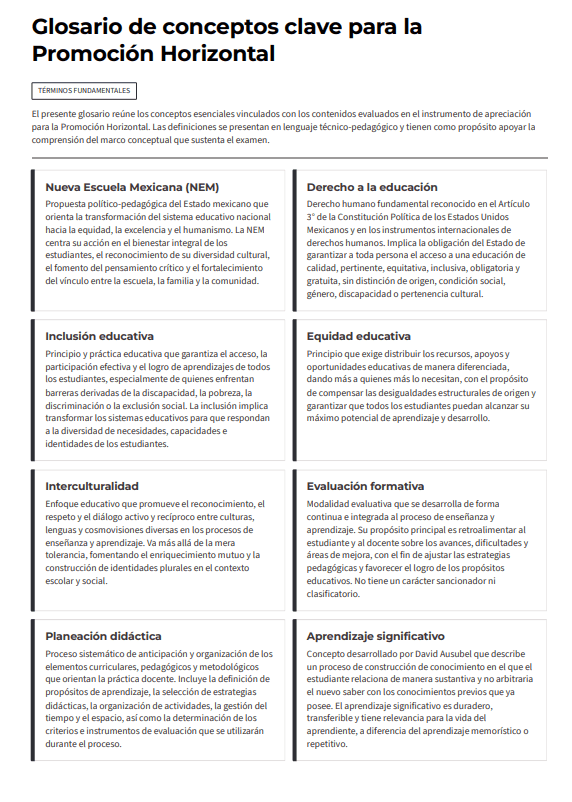 Examen de Promoción Horizontal en Educación Básica 2026 | USICAMM | 90 Reactivos 5 Glosario de conceptos clave para la Promoción Horizontal con definiciones breves de ocho términos educativos, organizados en cuadros, incluyendo Nueva Escuela Mexicana, inclusión, equidad, evaluación, planeación y aprendizaje significativo.