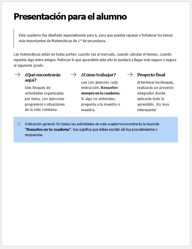Plan de Atención al Rezago Matemáticas 1° Secundaria (NEM) | Cierre de Ciclo Escolar Mayo-Junio | Editable en Word con Evaluación Final 7 Una página educativa en español titulada "Presentación para el alumno" explica la estructura de un cuaderno de matemáticas con apartados sobre contenidos, instrucciones y proyectos, junto con un recuadro destacado que da una indicación general sobre la resolución de ejercicios.