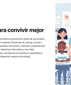 Un grupo diverso de alumnos sonrientes y su profesor posan juntos en un aula. A la izquierda, un texto en español presenta un proyecto escolar sobre el autoconocimiento y la mejora de las relaciones entre los alumnos.