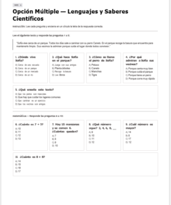 Examen de opción múltiple en español con preguntas sobre un pasaje de lectura sobre Sofía en un parque y problemas de matemáticas. Las opciones de respuesta se enumeran de la A a la D para cada pregunta, con espacios para marcar las respuestas.