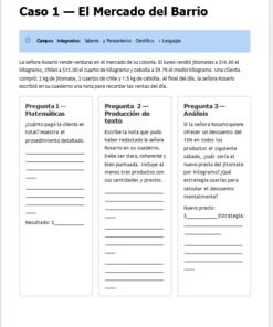 Kit Cierre de Ciclo 5° Primaria NEM | Planeación, Actividades, Evaluación y Evidencias Editable (Word) 11 Hoja de ejercicios en español para estudiantes con un escenario de mercado. Incluye una historia sobre la Señora Rosario vendiendo verduras y tres preguntas: matemáticas, de escritura y de análisis, cada una en un recuadro separado para respuestas escritas.