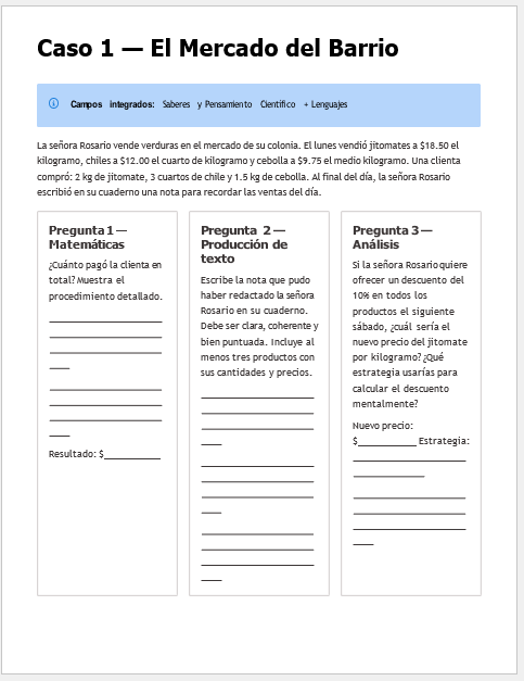 Kit Cierre de Ciclo 5° Primaria NEM | Planeación, Actividades, Evaluación y Evidencias Editable (Word) 5 Hoja de ejercicios en español para estudiantes con un escenario de mercado. Incluye una historia sobre la Señora Rosario vendiendo verduras y tres preguntas: matemáticas, de escritura y de análisis, cada una en un recuadro separado para respuestas escritas.