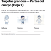 Kit Didáctico para Conocer su Cuerpo y sus Movimientos Preescolar - Word, PowerPoint y PDF 9 Ficha educativa con tarjetas de las partes del cuerpo: un niño señala la cabeza, los brazos y las manos, indicando sus respectivos nombres.