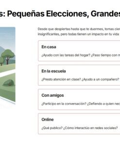 Una persona con una mochila se encuentra en un cruce cerca de edificios modernos y zonas verdes. Los cuadros de texto enumeran las decisiones diarias en español sobre ayudar en casa, prestar atención en la escuela, apoyar a los amigos y las interacciones en línea.