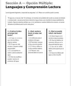 Hoja de ejercicios de comprensión lectora en español con un pasaje sobre el agua como recurso limitado, seguido de tres preguntas de opción múltiple sobre el texto y opciones de respuesta etiquetadas como A, B y C.