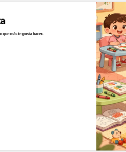 Tres niños pequeños juegan, dibujan y pintan alegremente en una colorida aula. Hay material artístico y juguetes esparcidos por las mesas y el suelo. A la izquierda, una lista pregunta qué actividades les gustan: pintar, cantar, jugar o escuchar cuentos.