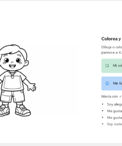 Página de actividades en español con un dibujo de un niño sonriente para colorear. A la derecha, hay instrucciones para escribir su color favorito, su nombre y marcar características que lo describen.