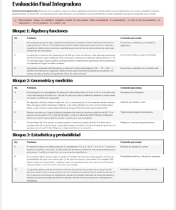 Un examen de matemáticas en español dividido en secciones: Álgebra y funciones, Geometría y medidas, y Estadística y probabilidad. Cada sección enumera problemas con espacio para las respuestas y columnas para los criterios de evaluación.