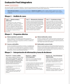 Captura de pantalla de un examen de ciencias en español con tres secciones principales: análisis de casos, preguntas abiertas e interpretación de la información, cada una de las cuales contiene múltiples preguntas sobre temas de biología, salud y química.