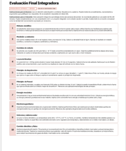 Un examen de física en español con diez secciones numeradas, cada una en un recuadro bordeado. Las secciones cubren temas como métodos, unidades, leyes de Newton, movimiento y otros. Las instrucciones de texto aparecen en la parte superior de la página.