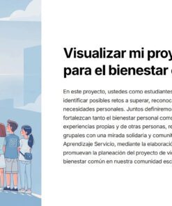 Un grupo de estudiantes permanecen juntos al aire libre al amanecer, mirando hacia el horizonte de una ciudad. A la derecha, un texto en español explica un proyecto escolar sobre la planificación de la vida y el bienestar de la comunidad.