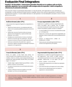 Captura de pantalla de una tarea de español para una evaluación final integradora. Describe dos secciones: análisis de texto (25%) y ensayo argumentativo (35%), con instrucciones, criterios y desglose de puntos para cada una.