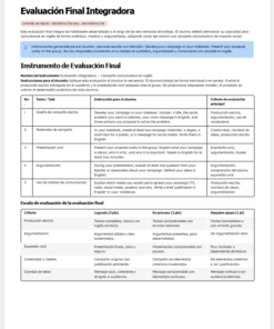 Una rúbrica de evaluación en español para una evaluación final integrada en inglés, en la que se detallan las tareas, las expectativas, los principios evaluados y la escala de calificaciones para las actividades de diseño escrito, presentación oral, entrevista y juego de rol.