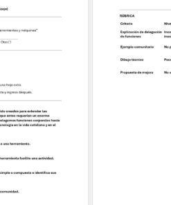 Una página de examen en español con una propuesta de proyecto sobre herramientas tecnológicas en las comunidades a la izquierda y una rúbrica con tres niveles de evaluación a la derecha. La maquetación es a dos columnas.