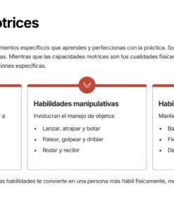 Educación Física 1: Programa Analítico, Planeaciones y Recursos Didácticos 12 Tres recuadros de texto resumen los tipos de habilidades motrices en español: locomotoras, manipulativas y de estabilidad, con ejemplos como caminar, levantar objetos y mantener el equilibrio, además de una descripción de las habilidades motrices en la parte superior.