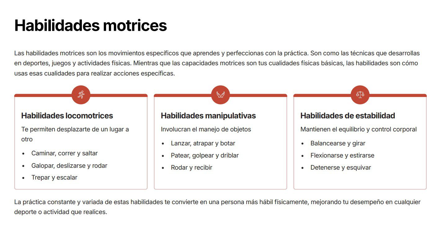 Educación Física 1: Programa Analítico, Planeaciones y Recursos Didácticos 6 Tres recuadros de texto resumen los tipos de habilidades motrices en español: locomotoras, manipulativas y de estabilidad, con ejemplos como caminar, levantar objetos y mantener el equilibrio, además de una descripción de las habilidades motrices en la parte superior.