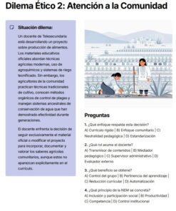 Un profesor con bata blanca habla de agricultura sostenible con dos alumnos en un huerto. Un recuadro azul esboza un dilema y, a la derecha, se enumeran preguntas de opción múltiple sobre planes de estudios y educación.