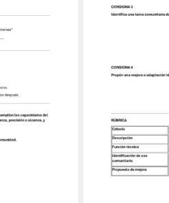 Una hoja de examen en español con instrucciones, indicaciones sobre habilidades comunitarias, antropométricas y técnicas, y una rúbrica de calificación con criterios como comprensión, técnica y sugerencias de mejora.