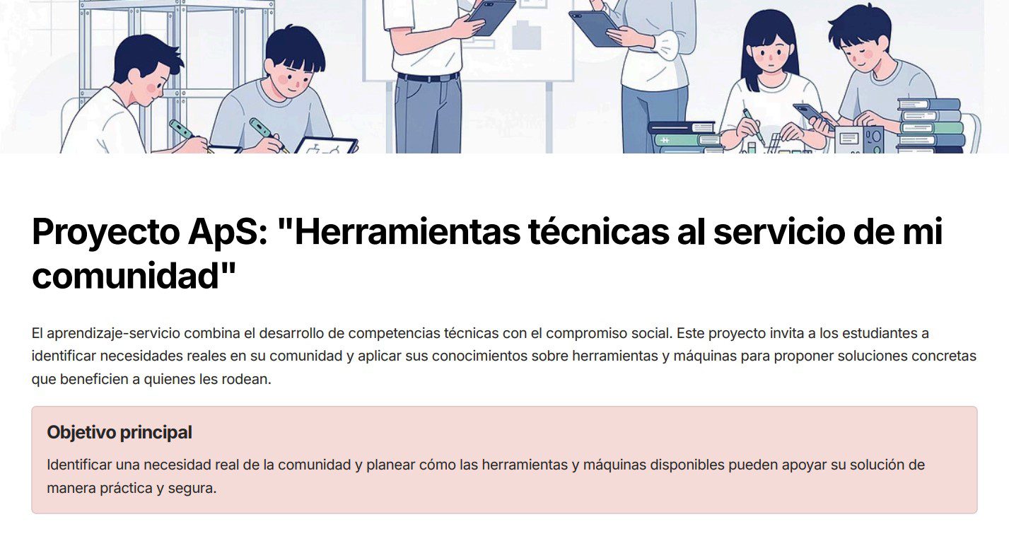 Tecnología 3: Programa Analítico, Planeaciones y Recursos Didácticos 6 Un grupo de estudiantes sentados en sus pupitres utilizando cuadernos y ordenadores. El texto describe un proyecto llamado "Herramientas técnicas al servicio de mi comunidad", centrado en el uso de habilidades técnicas para abordar las necesidades de la comunidad de forma segura.