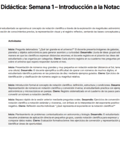 Cuadro con el plan de clases de ciencias de la primera semana en español. Detalla cinco clases de 50 minutos, incluyendo objetivos, actividades, evaluaciones y recursos para introducir la notación científica y su relevancia.