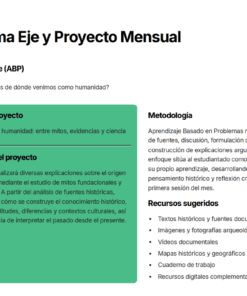 Un esquema de proyecto en español con secciones: nombre del proyecto, descripción del proyecto, metodología y recursos, centrado en los orígenes de la humanidad, los mitos, la ciencia y fuentes como textos, artefactos y trabajos en grupo.