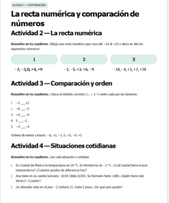 Plan de Atención al Rezago Matemáticas 1° Secundaria (NEM) | Cierre de Ciclo Escolar Mayo-Junio | Editable en Word con Evaluación Final 20 Hoja de ejercicios en español con actividades sobre la recta numérica y la comparación. Contiene ejercicios para trazar una recta numérica, comparar y ordenar números, y aplicar los conceptos a situaciones reales relacionadas con la temperatura.