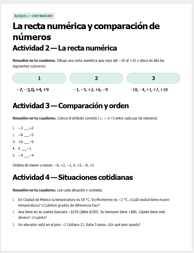 Plan de Atención al Rezago Matemáticas 1° Secundaria (NEM) | Cierre de Ciclo Escolar Mayo-Junio | Editable en Word con Evaluación Final 8 Hoja de ejercicios en español con actividades sobre la recta numérica y la comparación. Contiene ejercicios para trazar una recta numérica, comparar y ordenar números, y aplicar los conceptos a situaciones reales relacionadas con la temperatura.