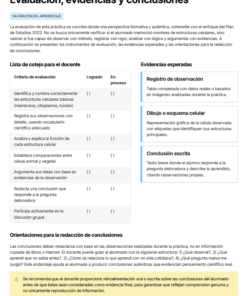 Captura de pantalla de un formulario de evaluación educativa en español. Incluye una lista de comprobación para los profesores, pruebas esperadas como registros de observación y uso de celdas, y orientaciones para redactar conclusiones sobre el aprendizaje. El texto está organizado en cuadros y recuadros.