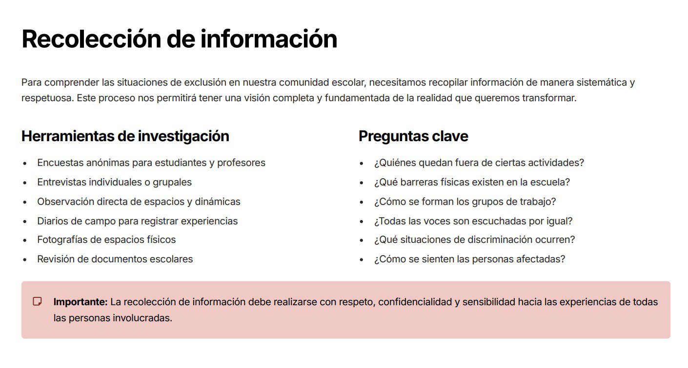 Integración Curricular 1: Programa Analítico, Planeaciones y Recursos Didácticos 6 Captura de pantalla de un documento titulado "Recolección de información" en el que se enumeran herramientas de investigación como encuestas anónimas y preguntas clave para comprender la exclusión. Un recuadro rosa destaca la importancia de una recogida de información respetuosa y confidencial.