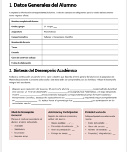 Una plantilla de informe académico en español para estudiantes, que muestra secciones para detalles generales, resumen de rendimiento académico y niveles de rendimiento, participación y período de evaluación, con áreas definidas para comentarios y calificaciones del profesor.