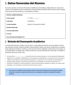 Plantilla de informe académico en español con secciones para los datos del alumno, la información del profesor, la asignatura y un recuadro para la síntesis del rendimiento académico. Las instrucciones y explicaciones se destacan en recuadros azules y blancos.