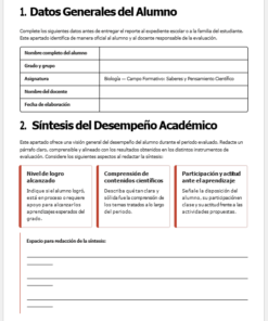 Formulario de informe académico en español para estudiantes, con secciones para datos personales, asignatura, profesor y fecha. Incluye casillas para evaluar el rendimiento, la comprensión científica y la participación, además de espacio para comentarios.
