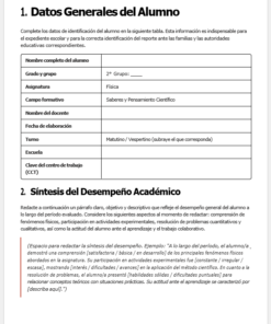 Formulario de informe escolar en español con secciones para la información del alumno, incluido el nombre, el curso, la asignatura, el horario y el resumen del rendimiento académico, con campos en blanco y texto orientativo.